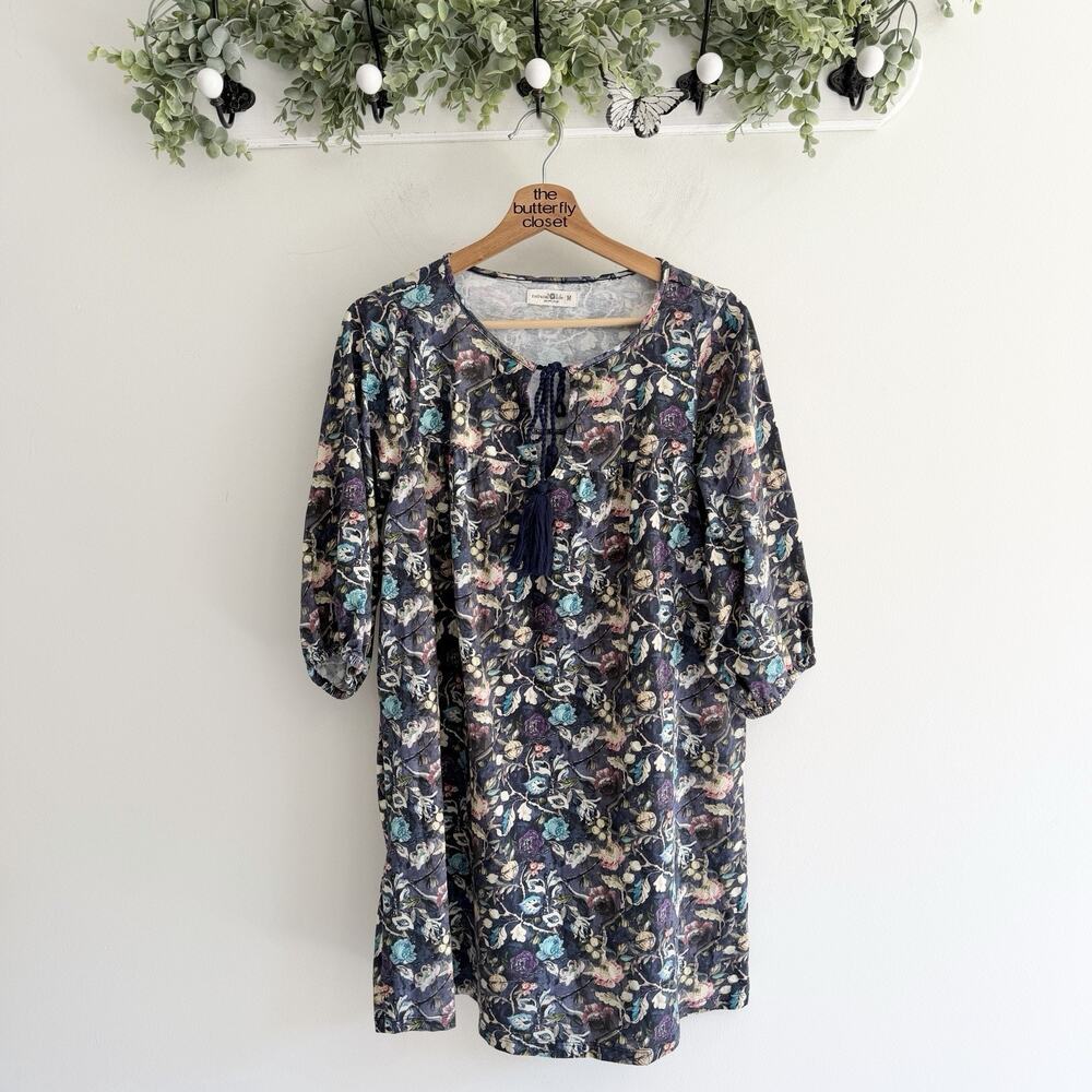 Natural Life Blue Floral Half Sleeve Tasseled Mini Dress Medium 1-5760